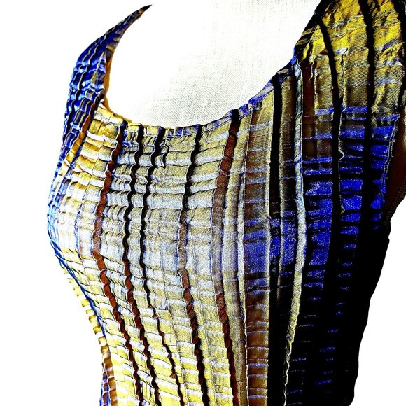 Accordion Pleated Sheath Dress M Color Change Iridescent 90s Gold Green Purple - Picture 1 of 10